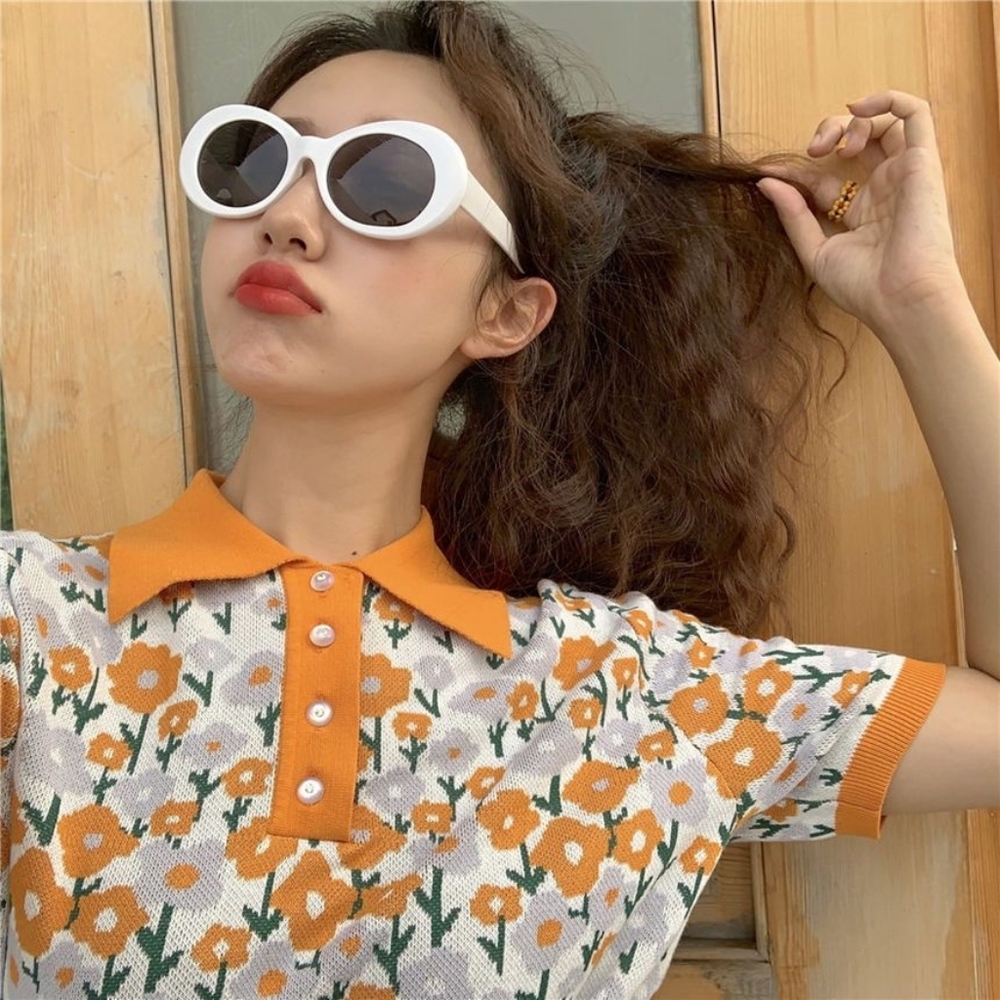 Orange Floral Polo Top